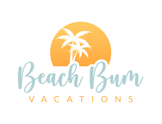A vibrant, modern logo for Beach Bum Vacations featuring two white palm trees silhouetted against a warm golden-orange sunset circle. Below, the company name is set in a flowing, seafoam-blue script (“Beach Bum”) paired with clean, all-caps orange lettering (“VACATIONS”), evoking laid-back, sun-soaked beach getaways.